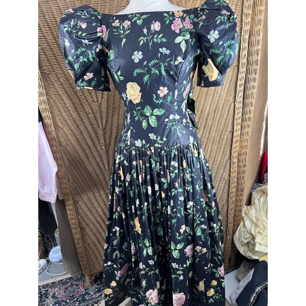 Vintage Puff Sleeve Dress Floral Black Sz 4 Maxi Cottage Retro